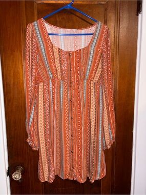 Ces Femme Orange Striped Boho Long-Sleeve Button-Front Dress